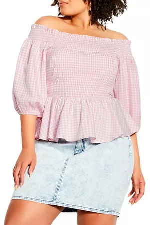 City Chic Women Strapless Tops - Sweet Kiss Off the Shoulder Cotton Peplum Top in Pink Nectar Gingham at Nordstrom