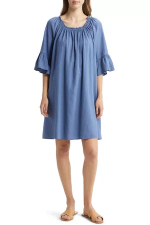 Caslon Women Shift Dresses - Caslon(r) Ruffle Neck Linen Blend Shift Dress in Blue Moonlight at Nordstrom