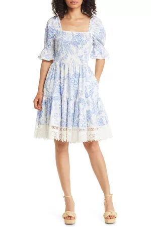 Rachel Parcell Women Printed & Patterned Dresses - Floral Print Lace Puff Sleeve Cotton Dress in Dusty Blue Floral at Nordstrom