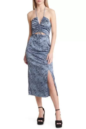 Open Edit Women Halter Dresses - Ruched Cutout Halter Dress in Blue Chambray Marble Smoke at Nordstrom