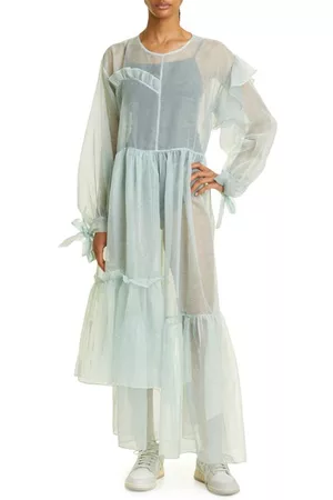 KKCO Women Asymmetrical Dresses - Nine Twenty-Seven Asymmetrical Ruffle Sheer Organza Dress in Warped Moss at Nordstrom