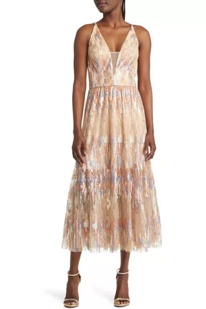 Dress The Population Women Evening Dresses & Gowns - Sierra Sequin Plunge Neck Gown in Beige Multi at Nordstrom