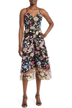 Dress The Population Women Party & Cocktail Dresses - Maren Floral Embroidery Fit & Flare Cocktail Dress in Black Multi at Nordstrom