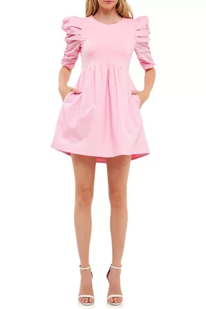 ENGLISH FACTORY Women Puff Sleeve & Puff Shoulder Dresses - Ruched Puff Sleeve Cotton Dress in Pink at Nordstrom