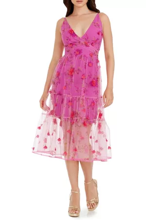 Dress The Population Women Printed & Patterned Dresses - Paulette Floral Fit & Flare Midi Dress in Fuchsia Multi at Nordstrom