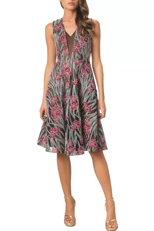 Dress The Population Women Printed & Patterned Dresses - Macie Floral Embroidery Fit & Flare Dress in Fuchsia Multi at Nordstrom