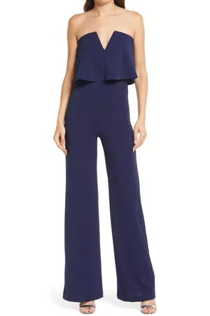Lulus Women Wide Leg Jumpsuits - Power of Love Strapless Wide Leg Jumpsuit in Navy at Nordstrom