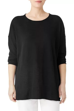 Eileen Fisher Women Long Sleeve Tunics - Long Sleeve Organic Linen Blend Jersey Tunic Sweater in Black at Nordstrom