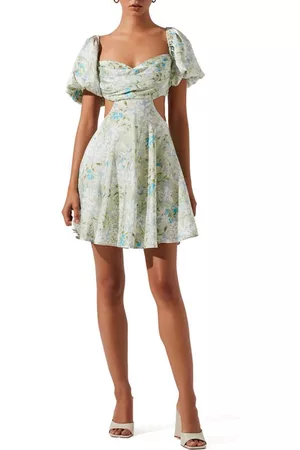 ASTR Women Puff Sleeve & Puff Shoulder Dresses - Clarita Floral Puff Sleeve Cutout Dress in Green Blue Floral at Nordstrom