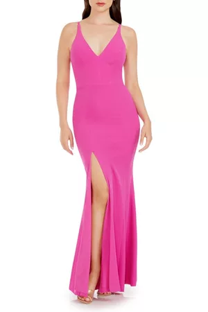 Dress The Population Women Evening Dresses & Gowns - Iris Slit Crepe Gown in Bright Fuchsia at Nordstrom