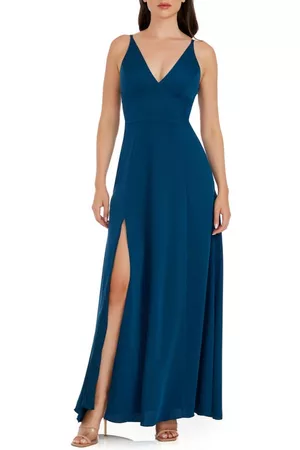 Dress The Population Women Evening Dresses & Gowns - Iris Slit Crepe Gown in Peacock Blue at Nordstrom