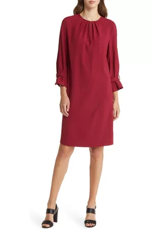 Ming Wang Women Shift Dresses - Bell Sleeve Crepe Shift Dress in Cherry Red at Nordstrom