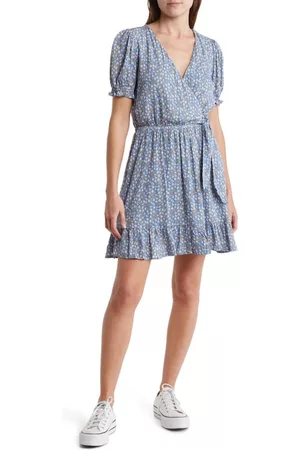 Melrose and Market Women Printed & Patterned Dresses - Floral Faux Wrap Puff Sleeve Dress in Blue Floral Print at Nordstrom
