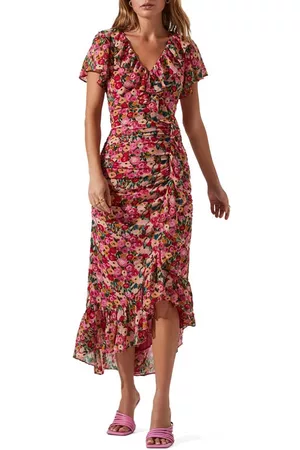 ASTR Women Printed & Patterned Dresses - Vilma Floral Ruffle Ruched Dress in Red Multi Floral at Nordstrom