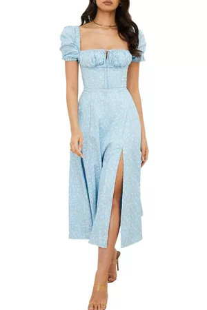 House Of Cb Women Puff Sleeve & Puff Shoulder Dresses - Tallulah Puff Sleeve Midi Dress in Blue Vintage at Nordstrom