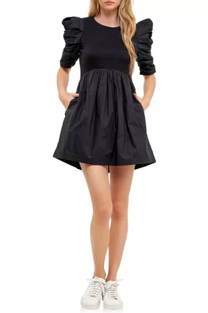 ENGLISH FACTORY Women Puff Sleeve & Puff Shoulder Dresses - Ruched Puff Sleeve Cotton Dress in Black at Nordstrom