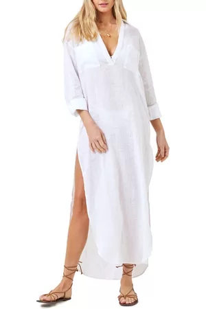 L*Space Women Long Sleeve Dresses - Capistrano Long Sleeve Linen Cover-Up Tunic Dress in White at Nordstrom