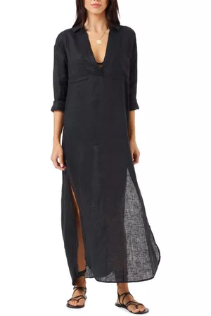 L*Space Women Long Sleeve Dresses - Capistrano Long Sleeve Linen Cover-Up Tunic Dress in Black at Nordstrom