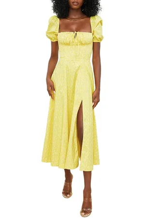 Forever New Curve puff sleeve square neck midi dress in buttercup