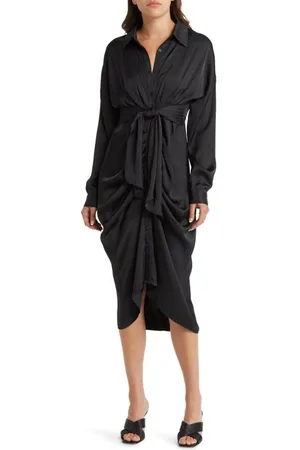 Steve Madden Donna Pleated Handkerchief Hem Satin Dress In Black