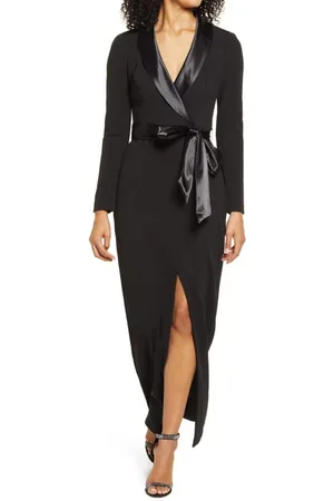 Eliza j flounce outlet long sleeve scuba gown