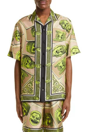 Versace Men's Tiger & Wildflower Camp Shirt - Khaki Multicolor - Size 36