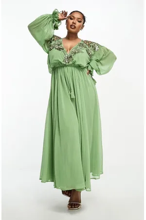 ASOS DESIGN twist waist cut out maxi dress with ruffle detail in green  watercolor floral print