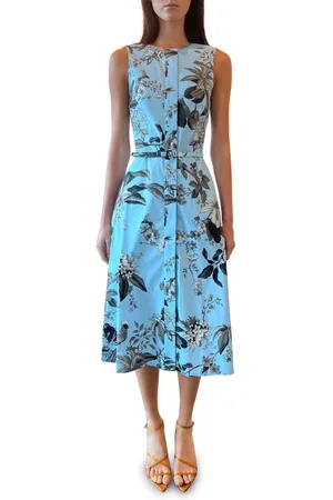 Stretch Cotton Belted Poppy Border Sheath Dress