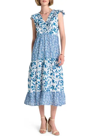 Anne Klein Plus Size Printed Tiered Tie Neck Maxi Dress in Blue