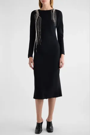 DRIES VAN NOTEN Davion Crystal Chain Raw Hem Long Sleeve Midi Dress in at Nordstrom, Size 4 Us