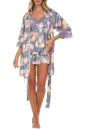 Flora Nikrooz Sabrina Floral Print Satin Short Pajamas & Robe Set in at Nordstrom, Size X-Small