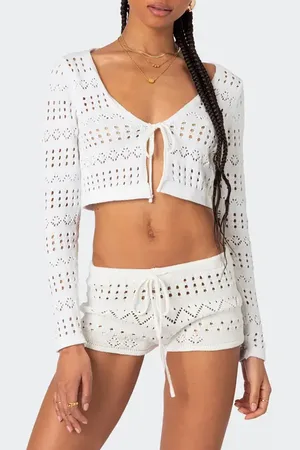 Edikted Betsy Open Stitch Tie Front Crop Cardigan in at Nordstrom, Size X-Small
