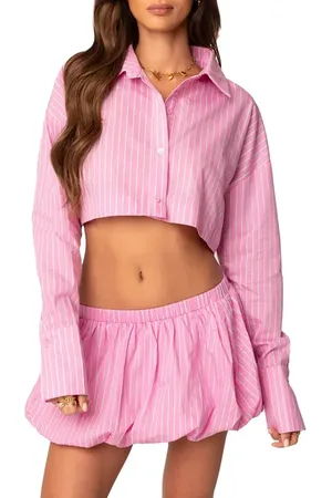 Edikted Hila Pinstripe Crop Cotton Blend Button-Up Shirt in at Nordstrom, Size X-Small
