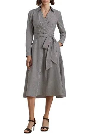 Ralph Lauren Stripe Long Sleeve Wrap Front Cotton Midi Shirtdress in at Nordstrom, Size 2