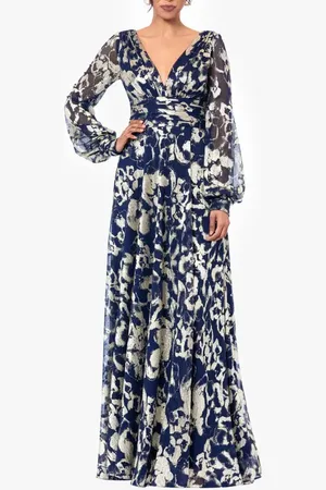 Betsy & Adam Floral Metallic Long Sleeve A-Line Gown in at Nordstrom, Size 8