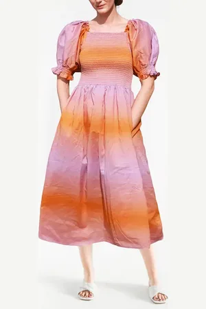 Jessie Zhao New York Sunset Purple Orange Smocked Midi Dress in Purple /Orange at Nordstrom, Size Small