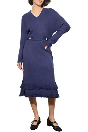 Ming Wang Fringe Long Sleeve Rib Dress in at Nordstrom, Size Xx-Small