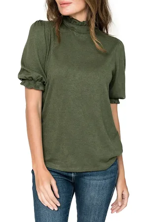 GIBSONLOOK Ruffle Mock Neck Puff Sleeve Sweater in at Nordstrom, Size X-Large