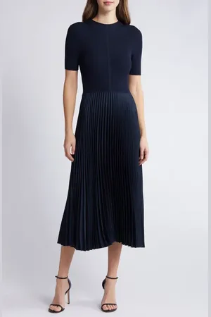 HUGO BOSS Fadrid Rib & Pleated Midi A-Line Dress in at Nordstrom, Size X-Small
