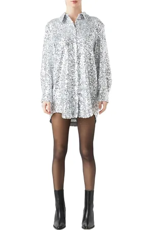 Grey Lab Sequin Long Sleeve Mini Shirtdress in at Nordstrom, Size X-Small