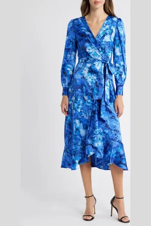 Tahari ASL Floral Ruffle Tie Waist Long Sleeve Midi Dress in at Nordstrom, Size 2