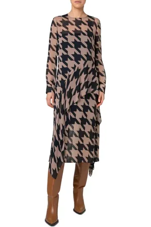 AKRIS Check Print Long Sleeve Layered Chiffon Midi Dress in at Nordstrom, Size 10