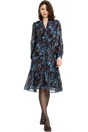 Mac Duggal Lurex Chiffon Bishop Sleeve Button Up Midi Dress in at Nordstrom, Size X-Large