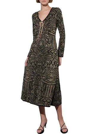 Ming Wang Metallic Swirl Long Sleeve Midi Dress in at Nordstrom, Size Small