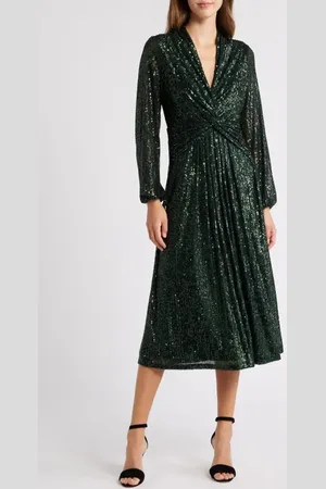 Anne Klein Sequin Twist Front Long Sleeve Midi Dress in at Nordstrom, Size 2