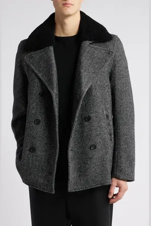 Mackage Cole Genuine Shearling Collar Wool Blend Peacoat in at Nordstrom, Size 38