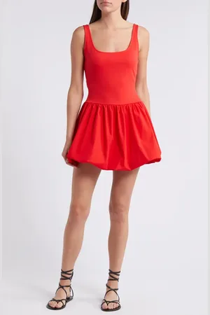MANGO Nube Mixed Media Stretch Cotton Bubble Hem Minidress in at Nordstrom, Size 2