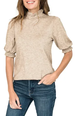 GIBSONLOOK Ruffle Mock Neck Puff Sleeve Sweater in at Nordstrom, Size Small