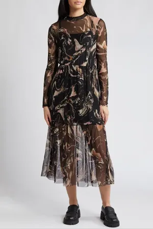 Dressed in Lala Marble Long Sleeve Mesh Midi Dress in at Nordstrom, Size Small