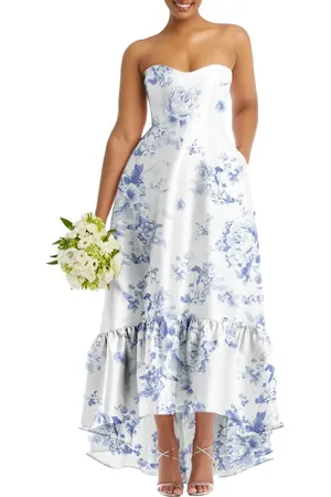 Alfred Sung Strapless Floral Ruffle High-Low Gown in at Nordstrom, Size 4